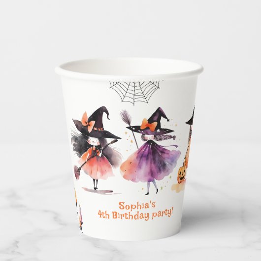 かわいい魔女ハロウィーンの衣装の誕生日パーティー 紙コップ (正面)
