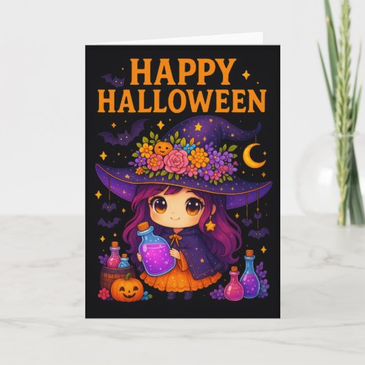 かわいい魔女ハロウィーン折り畳みグリーティングカード カード (正面)