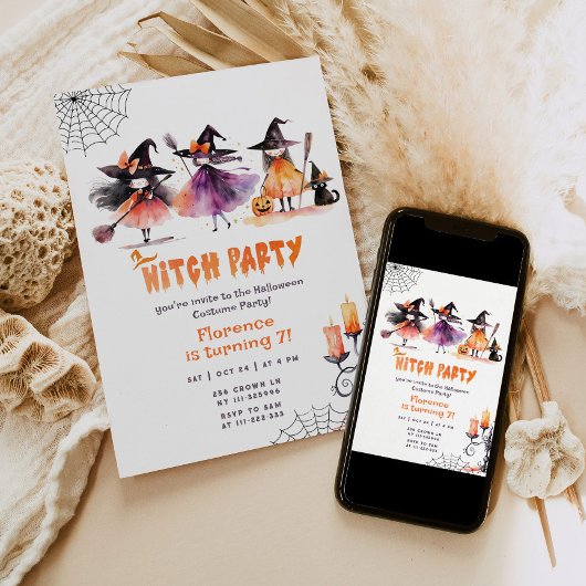 かわいい魔女パーティーハロウィーンの女の子スプキー誕生日 招待状