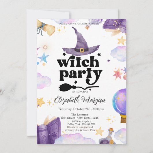 かわいい魔女パーティー赤ちゃんシャワー 招待状 (正面)