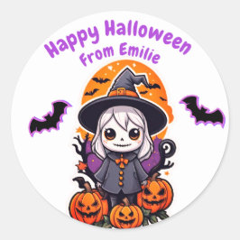 かわいい魔女パープルこうもりとカボチャのハロウィン ラウンドシール
