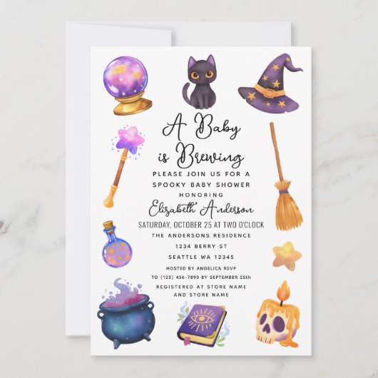 かわいい魔女ベビーはハロウィーンの赤ちゃんシャワーを醸造している 招待状 (正面)