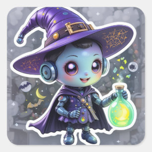かわいい魔女ロボットステッカー魔法ハロウィーンSci-Fi スクエアシール