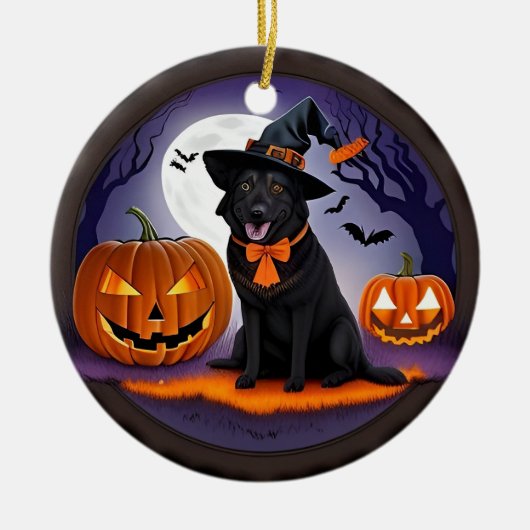 🧙♀️🐶 かわいい魔女ワンコとパンプキンナイト ✨🎃 セラミックオーナメント (正面)