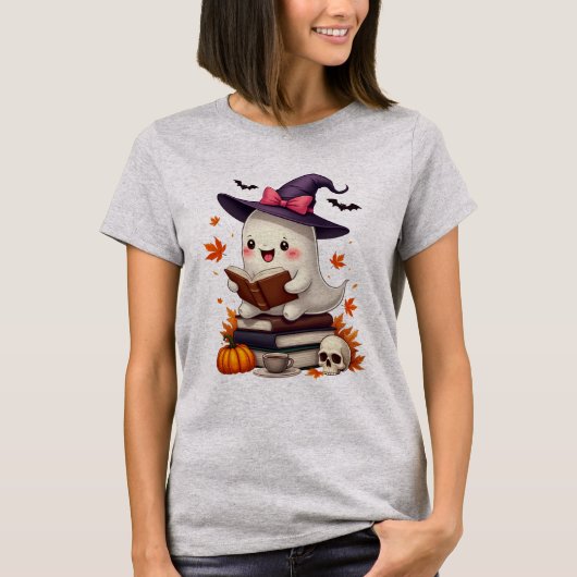 かわいい魔女幽霊読のブックハロウィーン Tシャツ (正面)