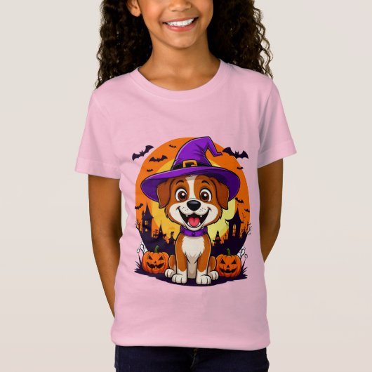 かわいい魔女犬ハロウィンパンプキンシーンキッズスタイル Tシャツ (正面)