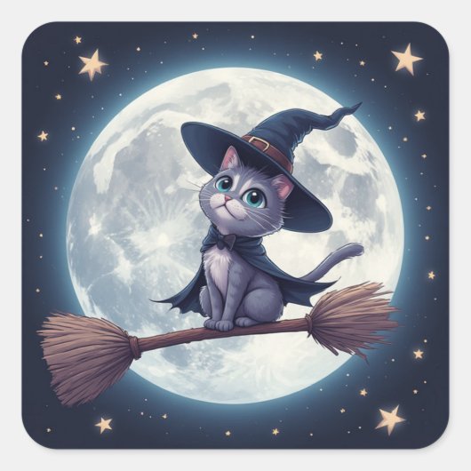 かわいい魔女猫が満月の下で箒に乗っている🎃 スクエアシール (正面)