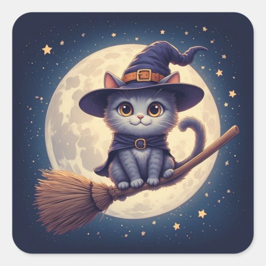かわいい魔女猫が満月を飛ぶハロウィンナイト 🎃 スクエアシール (正面)