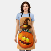 かわいい魔女猫とカボチャのハロウィーンの友達 エプロン (着用した状態)