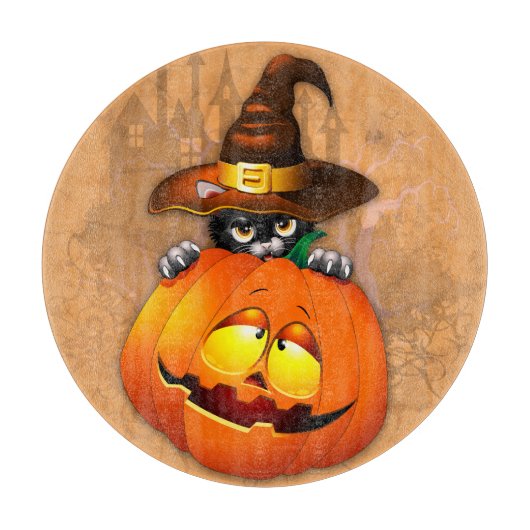 かわいい魔女猫とカボチャのハロウィーンの友達 カッティングボード (正面)