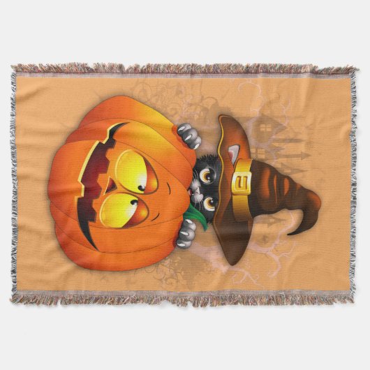 かわいい魔女猫とカボチャのハロウィーンの友達 スローブランケット (正面)