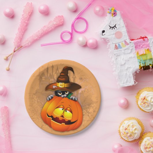 かわいい魔女猫とカボチャのハロウィーンの友達 ペーパープレート (パーティー)