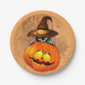 かわいい魔女猫とカボチャのハロウィーンの友達 ペーパープレート (正面)
