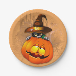 かわいい魔女猫とカボチャのハロウィーンの友達 ペーパープレート