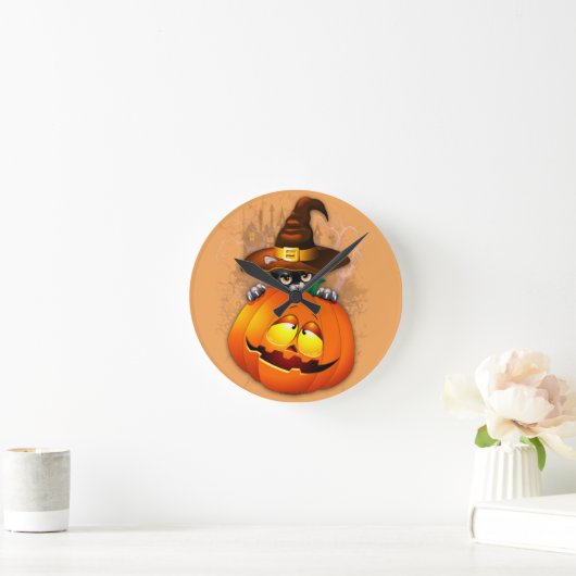 かわいい魔女猫とカボチャのハロウィーンの友達 ラウンド壁時計 (ホーム)