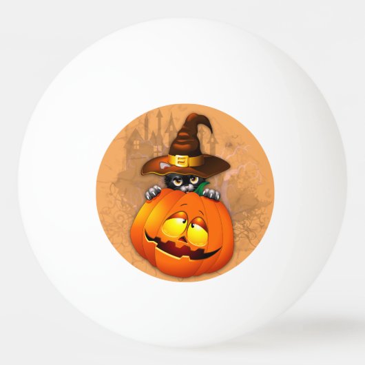 かわいい魔女猫とカボチャのハロウィーンの友達 卓球ボール (正面)