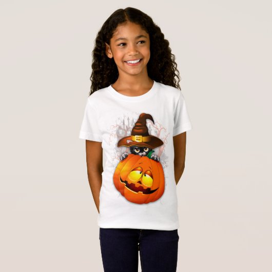 かわいい魔女猫とカボチャのハロウィーンの友達 Tシャツ (正面フル)