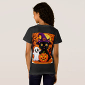 かわいい魔女猫と幽霊のかぼちゃの夜 🎃 Tシャツ (裏面フル)