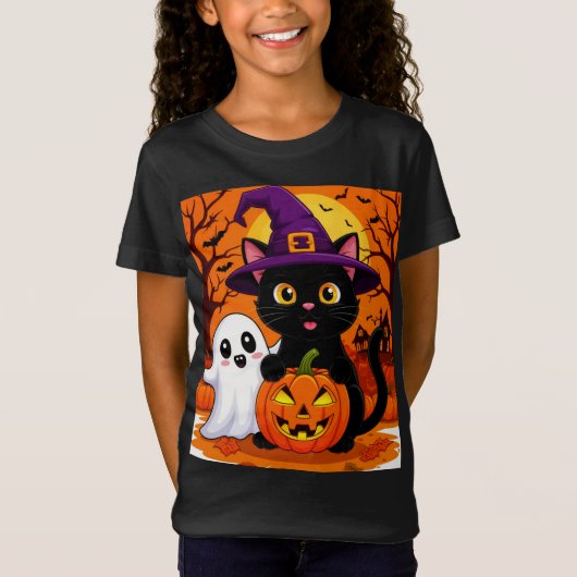 かわいい魔女猫と幽霊のかぼちゃの夜 🎃 Tシャツ (正面)