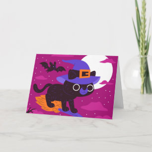 かわいい魔女猫のハロウィンフライングブローム カード