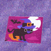 かわいい魔女猫のハロウィンフライングブローム カード