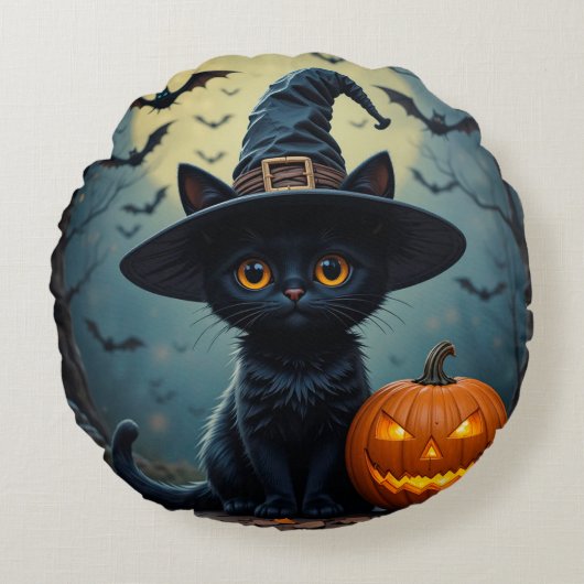 🧙‍♀️🐾 かわいい魔女猫のハロウィン雰囲気 ✨🎃 ラウンドクッション (正面)