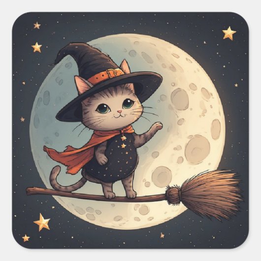 かわいい魔女猫の月夜ハロウィン空テーマ 🎃 スクエアシール (正面)