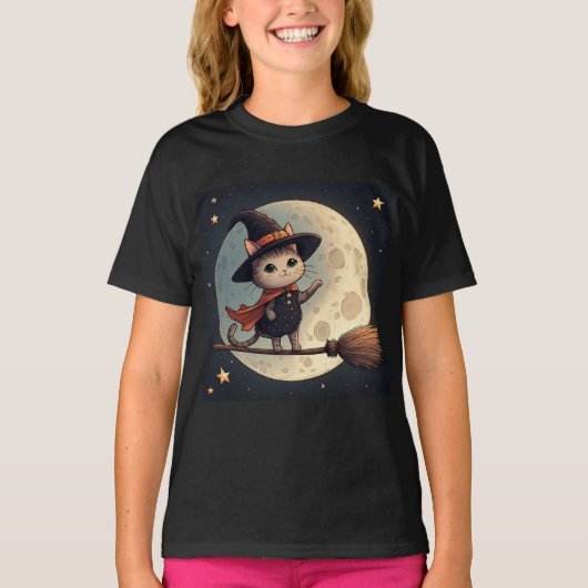 かわいい魔女猫の月夜ハロウィン空テーマ 🎃 Tシャツ (正面)