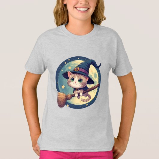 かわいい魔女猫+ほうき+月夜🎃 Tシャツ (正面)