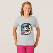 かわいい魔女猫+ほうき+月夜🎃 Tシャツ (正面フル)