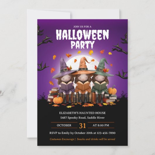 かわいい魔女読の本キッズ衣装ハロウィーン 招待状 (正面)