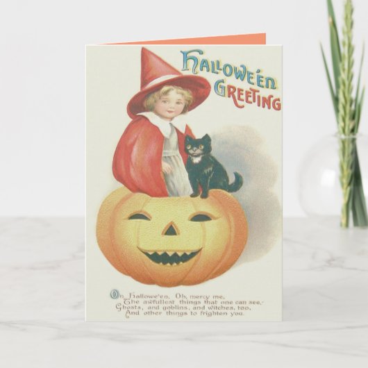 かわいい魔女黒猫ハロウィーンのカボチャのちょうちん カード (正面)