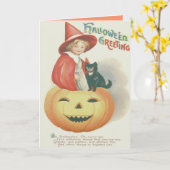 かわいい魔女黒猫ハロウィーンのカボチャのちょうちん カード (黄色い花)