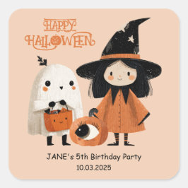 かわいい魔女&幽霊キッズハロウィーン誕生日パーティー スクエアシール