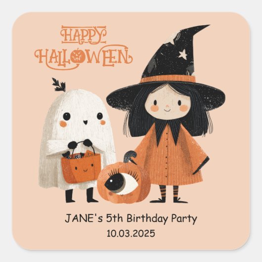 かわいい魔女&幽霊キッズハロウィーン誕生日パーティー スクエアシール (正面)