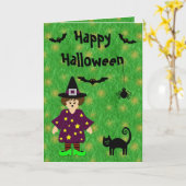 かわいい魔女、猫、こうもり、スパイダーハロウィーンカード カード (黄色い花)