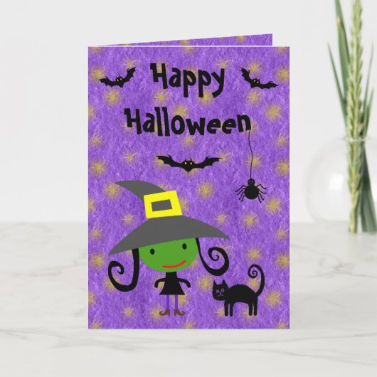 かわいい魔女、猫、こうもり、スパイダーパープルハロウィーン カード (正面)