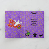 かわいい魔女、猫、こうもり、スパイダーパープルハロウィーン カード (内部)