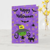 かわいい魔女、猫、こうもり、スパイダーパープルハロウィーン カード (黄色い花)