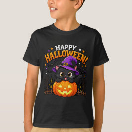 かわいい魔女 黒猫 パンプキン ハッピーハロウィン Tシャツ