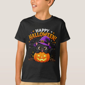 かわいい魔女 黒猫 パンプキン ハッピーハロウィン Tシャツ