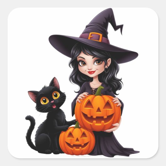 かわいい魔女 黒猫 パンプキン ハロウィン 🧙‍♀️ スクエアシール (正面)