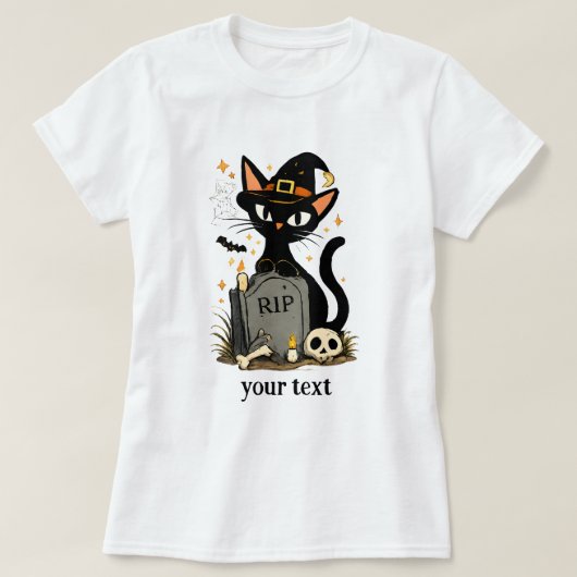 かわいい魔女 黒猫 墓地 ハロウィン Tシャツ (デザイン正面)
