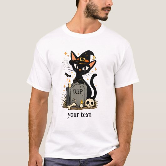かわいい魔女 黒猫 墓地 ハロウィン Tシャツ (正面)
