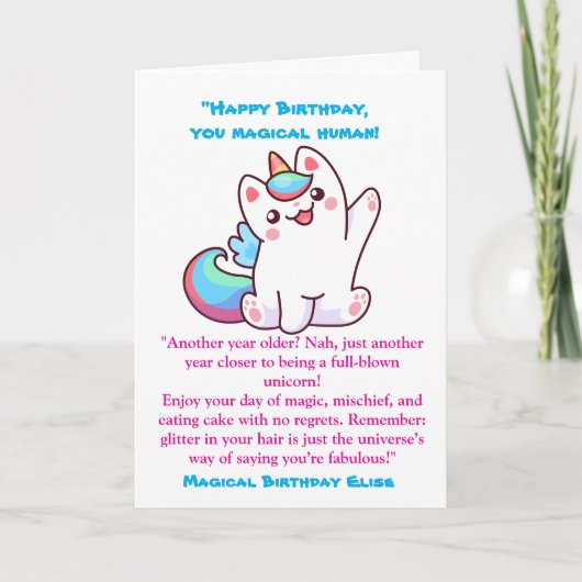 かわいい魔法のおもしろいユニコーン子供の誕生日挨拶 カード (正面)