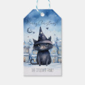 かわいい魔法のウィザード黒猫の水の色のクリスマス ギフトタグ (正面)
