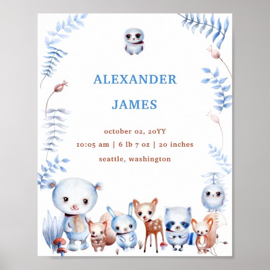 かわいい魔法のウッドランド動物誕生統計ボーイベビー ポスター (正面)