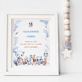 かわいい魔法のウッドランド動物誕生統計ボーイベビー ポスター