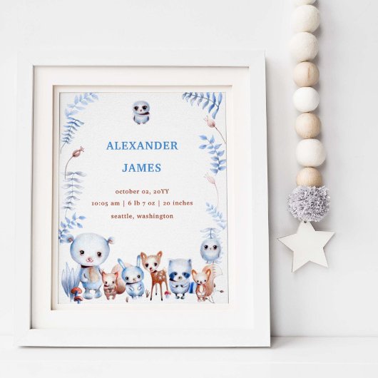 かわいい魔法のウッドランド動物誕生統計ボーイベビー ポスター