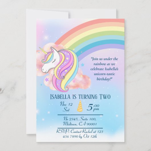 かわいい魔法のカラフルユニコーン虹の第2の誕生日 招待状 (正面)